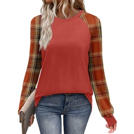 WIHOLL Womens Early Fall Fashion 2025 Color Block Long Sleeve Shirts for Women Casual Fall Outfits for Women 2025 Winter Clothing School Outfits for Teachers Work Office Clothes Rust Orange Plaid L