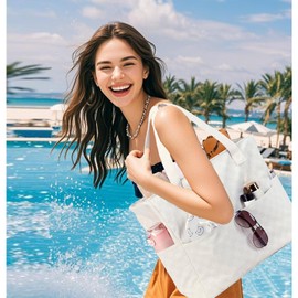 LEDAOU Large Beach Bag with Zip Women's Waterproof Shoulder Bag Tote Bag Shopper Sandproof with Zip Pool Fitness Travel Bag Family, Beige Grid, 37 cm x 20 cm x 45 cm