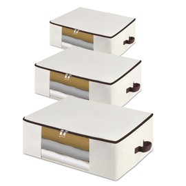 3-Pack 25.5x17.7x9 Inch Clear Window Storage Bags - Foldable Canvas Organizers for Clothes, Blankets & Pillows with Triple-Zip & Carry Handles - Beige Closet/RV Storage Solution