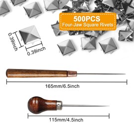 SBYURE 500 Pieces 10mm Square Studs for Clothing Silver Pyramid Studs,Four-Jaw Stud Clothing Pyramid Stud with 2 Pack Awl Craft Tool