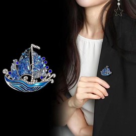 Kokoma Sailboat Brooch Pin for Women Cubic Zirconia Ocean Enamel Lapel Pin Badge Corsage for Cloth Dress Suit Dainty Jewelry Accessory