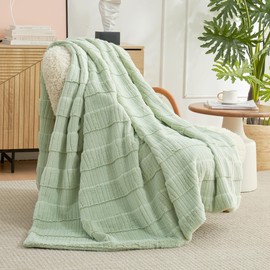 Amélie Home Luxury Striped Faux Fur Throw Blanket for Couch, Embossed Split Fur Cozy Fuzzy Fluffy Luxurious Soft Plush Sofa Chair Bed Gift Blankets for Women Men Wife Friend, 88"x90", Sage Green
