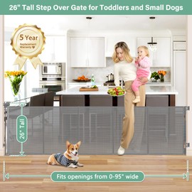 Reinforced 26 Inch Tall Retractable Child Gate to Step Over 95" Wide Small Retractable Baby Gates for Stair Retractable Dog Gate Short Mesh Dog Gate Retractable Toddler Gates for Doorways Doggy Gate