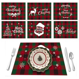 Merry Christmas Placemats Set of 6, Plaid Xmas Colorful Lights Table Mats, Snowman Elk Deer Christmas Placemats for Dining Table, 18x12inch Woven Cotton Linen Holiday Place Mats