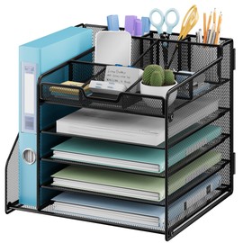 Lavatino Desk Organizer, 5-Tier Metal Mesh Paper Letter Tray with 1 File Holders & 7 Flexible Dividers for Office or Home Desk Organizers and Accessories, Keep Workspace Supplies Neat, Black