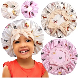 2+2 Satin Bonnets with Scrunchies for Kids, Cute Hair Bonnets for Girls Sleeping Curly Hair, D