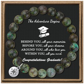 Graduation Jewelry for Her Him,2024 Natural Stone Graduation Bracelet Inspirational Graduation Compass Bracelets College Graduate Retirement Jewelry for Women (African pine)