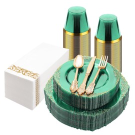 Bestluck 175PCS Clear Green Plastic Plates for 25 Guests, Disposable Plates with Gold Trim include 50 Dinner Plates, 75 Gold Silverware, 25 Cups, 25 Napkins for Party, Wedding and Graduation