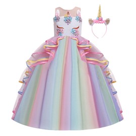 HOIZOSG Girls Unicorn Birthday Costume Princess Tulle Dress Sleeveless Christmas Party Wedding Pageant Ball Gown w/Headband Multicoloured 6-7T
