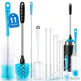 Juego de 11 Cepillo para Botellas con Mango Largo,Cepillo para Lavar Popotes Multifunción con Orificio para Colgar,Cepillo para Biberones para la Limpieza de Todo Tipo de Botellas,Termos,Tapón,Tarro