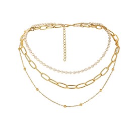 Dainty Pearl Necklace and Earring Set Pearl Jewelry Set for Women 14K Gold Plated Adjustable Pearl Choker Necklace Bracelet Pearl Drop Earrings Dainty Wedding Pearl Jewelry (paperclip layered pearl)