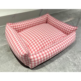 Gingham Dog Bed for Small Dogs Washable Plaid Dog Bed for Medium Dogs Checked Dog Bed with Removable Cover (M - 17" x 22",Peach)