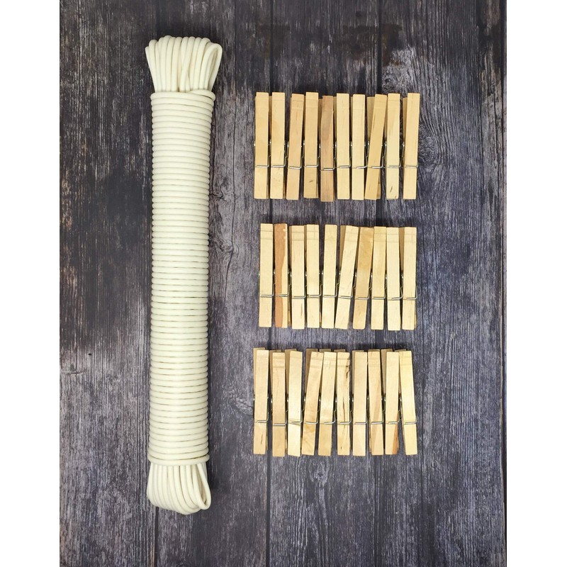 Nickanny's Portable Plastic Clothesline and Natural Heavy Duty Wood Clothespins