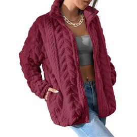 Dokotoo Ladies Winter Jackets Zip Up Sherpa Oversized Long Sleeves Baggy Fuzzy Fashion Side Oversized Pockets Loose Fit Coats Baggy Warm Fall Shacket,Red Large
