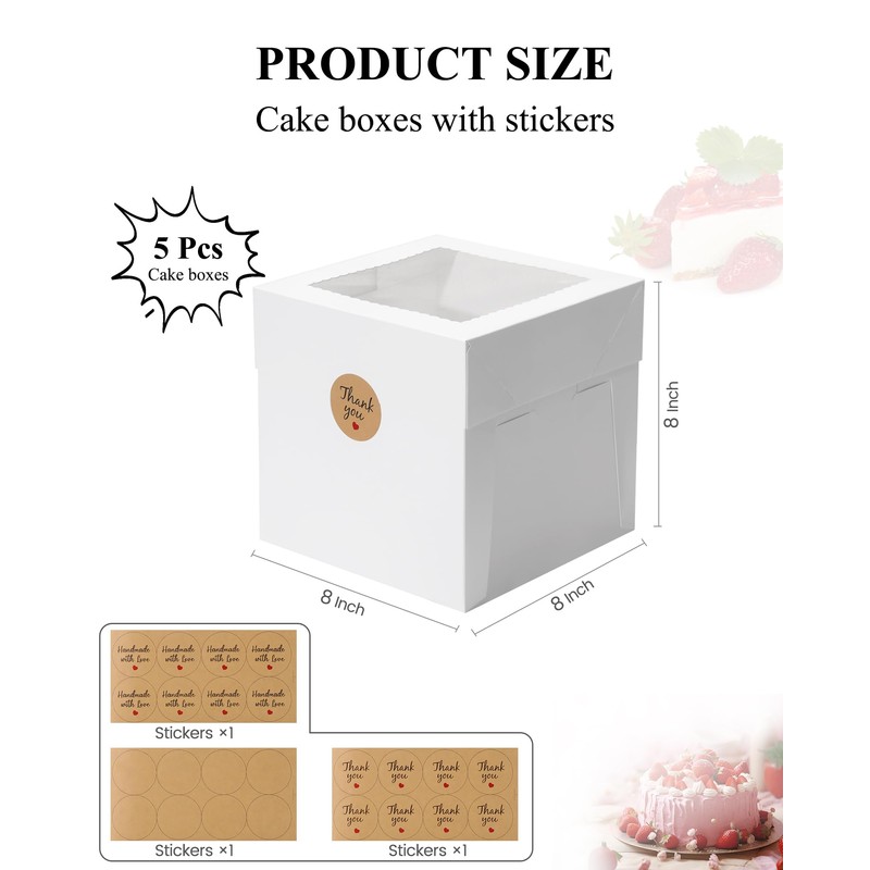 COTOPHER 5Pcs 8x8x8 Inches Cake Boxes, Square Bakery Boxes with