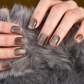 Glossy Shiny Brown Press On Nails Squoval Short Nails Salon Manicure Glitter Cat Eye gGel Nail Art Tips Red Fake Nals Women Girls Reusable Acrylic False Nails Stick On Nails