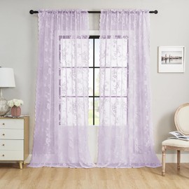 Lilac Purple Lace Curtains 96 Inches Long 2 Panels Romantic Violet Flower Sheer Curtains for Bedroom Living Room Semi Sheer Rod Pocket Light Filtering Curtains for Dining Room Girls Room Decor, 52x96