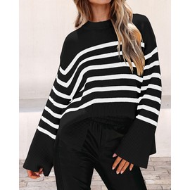 KIRUNDO Women's Striped Knit Oversized Fall Sweaters 2024 Trendy Clothes Crewneck Winter Pullover Sweater Side Split(Black, Medium)