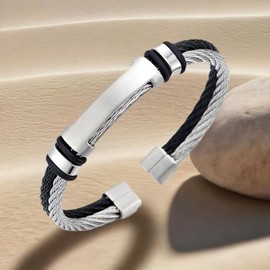 COOLSTEELANDBEYOND Double Twisted Wire Silver Black, Stainless Steel Cuff Bangle ID Identification Bracelet, Adjustable