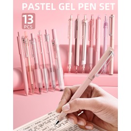 Nicpro 13PCS Pastel Gel Ink Pen Set with Case, Cute Retractable 0.5mm Fine Point 12PCS Black Ink Pens with 1 Highlighter, Aesthetic Pens for School, Student Note Taking,Writing, Office Supplies (Pink)