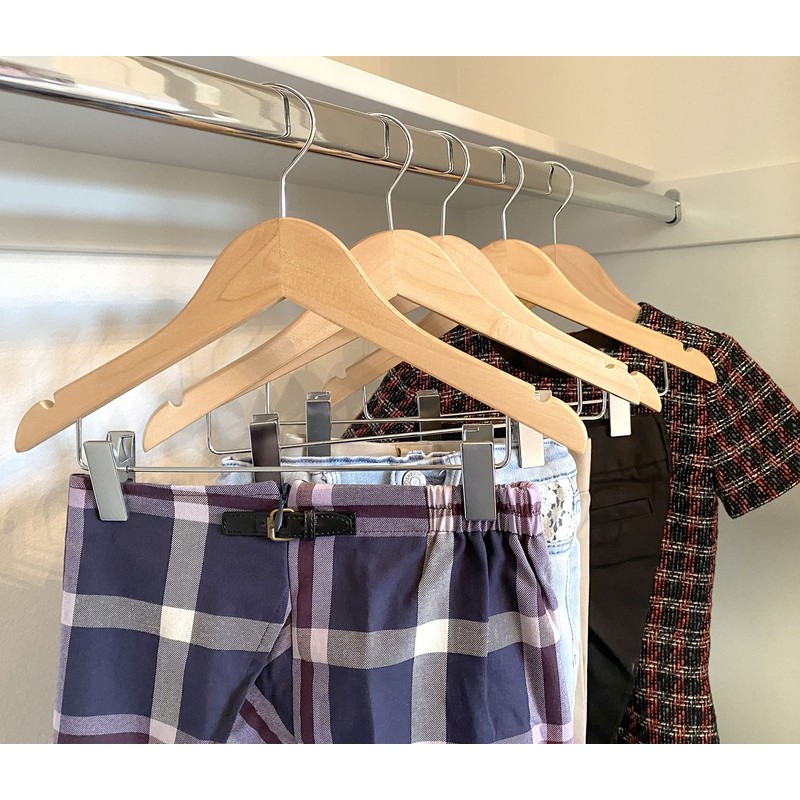 Kids Hangers with Metal Clips Pant Bar 4T-10 (Natural Wood)