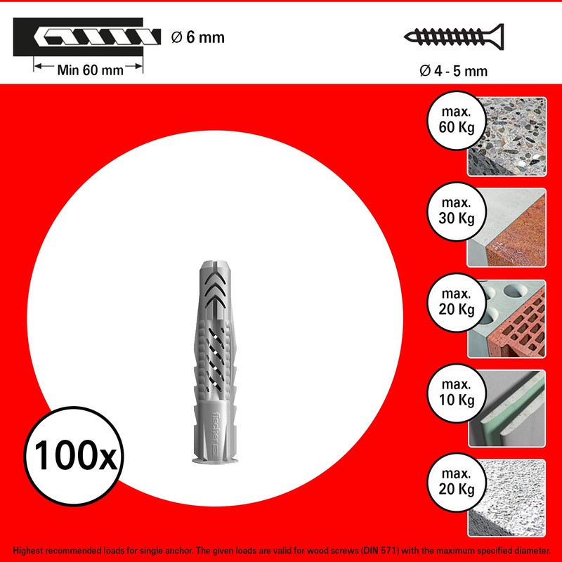 Fischer 542452 Dowel UX, Grey, 6 x 50 mm, Pack