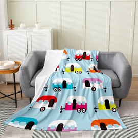 Erosebridal Camper Throw Blanket Baby Size, Happy Camping Fleece Blanket Room Decor, Cartoon Travelling Camping Blanket for Sofa Couch, Colorful Camping Fuzzy Blanket for Camp Lovers Campsite Hiking