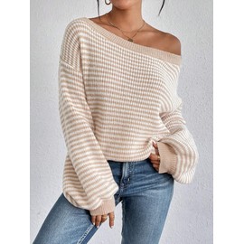 ZAFUL Women Off Shoulder Sweater Long Sleeve Knit Sweater Loose Pullover Jumper Tops 2-Apricot L