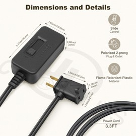DiCUNO Table-Top Plug in Lamp Dimmer Switch for Table/Floor Lamps, UL Listed, Slide Control, Works with 100 Watt Dimmable LED/CFL and 300 Watt Incandescent/Halogen, 3.3ft Cord, Black, 2-Pack