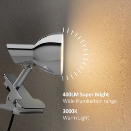 TOPMB LED Clamp Light,5W Super Bright Desk Lamp, 330° Rotation Small Lamp with Clamp on Desk/Table/Bed Headboard/Cupboard Home Lighting, Modern and Save Space Illumination Powerful Lamp Silver