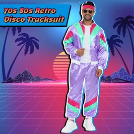 AUTOWT 70s 80s Shell Suit, Men Women Lightweight Long Sleeve Tracksuit, Retro Color Block Hip Hop Windbreaker Disco Costume for Rock Festivals Carnival Parties Mardi Gras (Purple, L)