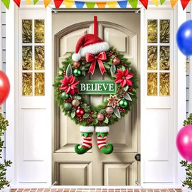 BlissYard Believe - Guirnalda de Navidad con patas de elfo para colgar en la pared para interiores y exteriores, porche delantero, 35 x 71 pulgadas
