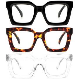 REAVEE 3 Pack Oprah Style Oversized Reading Glasses for Women Men, Blue Light Blocking Computer Thick Frame stylish Square Readers with Spring Hinge((Black/Tortoise/Clear, 0.0)