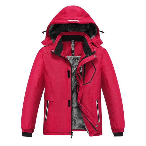 MoFiz Boy's Ski Jacket Winter Warm Waterproof Snow Coat Mountain Fleece Windproof Kids Jacket with Removable Hood 6-16 Years, Red