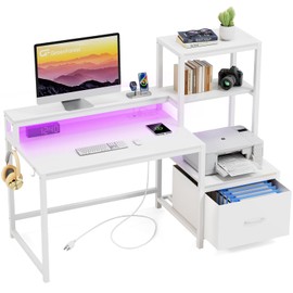GreenForest Computer Desk with Drawers and Monitor Stand, Home Office Desk with Storage Shelves, Small Gaming Desk with Power Outlets and LED Lights for Study Writing Working, 51 inch White