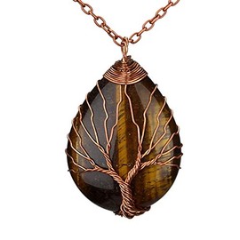 Suoirblss Copper Wire Wound Tree of Life Gemstone Chakra Water Drop Necklace Natural Gemstone Necklace Energy Stone Pendant (Natural Tiger Eye)