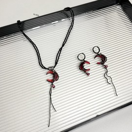 KURTCB Gothic Moon Earrings Necklace Goth Vampire Blood Moon Thorns Huggie Earring Necklacee Witch Costume Asymmetrical Dangle Drop Earring Jewelry for Women (Set)