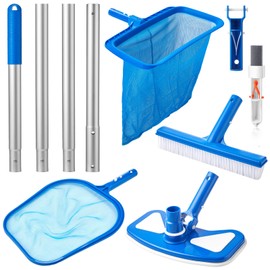 SiliFine 5 Pieces Swimming Pool Cleaning Kit 17.5'' Pool Brush Head with 47'' Telescopic Aluminum Pole Hot Tub Pool Leaf Skimmer Net Pool Vacuum Head Pool Pumice Stone with Handle for Pools Spas