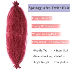 Leeven 24 Inch Pre-Separated Springy Afro Twist Hair 8 Packs Popping Spring Twist Hair for Marley Locs Twist Braiding Hair 10 Strands/Pack Black Pre-fluffed Afro Kinky Marley Hair Extensions/BUG#
