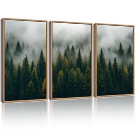 KUVIOKE Green Fog Pine Tree Landscape Framed Wall Art Nature Nordic Misty Forests Prints Morden Farmhouse Bedroom Living Room Ready to Hang 11x14in (Natural Framed)