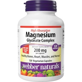 Webber Naturals Bisglicinato de magnesio 200 mg, 120 cápsulas vegetarianas, fácil de absorber y suave en el estómago, soporta huesos, dientes y múscul