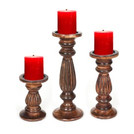 Candle Holders for Pillar Candles, Wooden Table Centerpiece, Set of 3, Wood Candle Holders, Rustic Pillar Candle Holder, 12'' 9'' 6'' Farmhouse Candle Holders Melon Design - Burnt