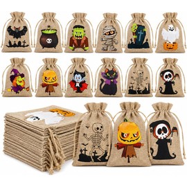 48 Bolsas de Arpillera para Halloween, 12 Diseños, Tamaño 10 × 15 cm