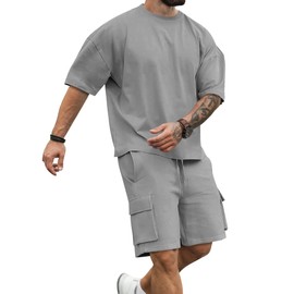 Babioboa Mens Short Sets 2 Piece Outfits - Casual Summer Short Sleeve Sweatsuits Sets for Men with Cargo Pocket(GR,XL)