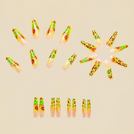 Long Coffin Shaped Press on Nails French Leopard Print Stick on Nails Golden Fake Nails Glossy Shiny Glue on Nails Full Cover Artificial False Nails Reusable Acrylic Nails Kit for Women Girls 24Pcs