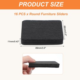 PATIKIL 3.5 Inch Felt Furniture Sliders, 16 Pcs Square Furniture Movers Slider Reusable Moving Pads Floor Protectors for Cabinet Table Carpet Sofa Couch, Black