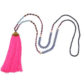 KELITCH Turquoise Beaded Necklaces Multi Color Long Tassel Pendant Necklaces Fashion Jewelry (Rose Red)