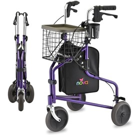 Nova Joy Traveler Folding 3 Wheel Walker with Tray, Basket and Pouch - Lightweight Mobility Aid for Seniors - 8 Inch Wheels - Essential for Tight Spaces and Travel - Purple