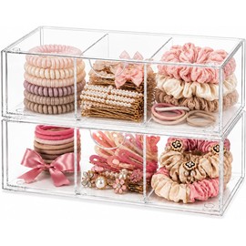 Organizador de accesorios para el cabello para niñas, de acrílico transparente, soporte para lazos, diademas, clips y coleteros para el cabello con divisor extraíble, bonita caja contenedora pequeña