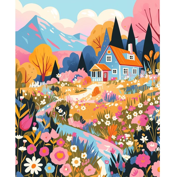 NEWENMO DIY Cartoon Pretty Hut Painting by Numbers Adults, Colourful